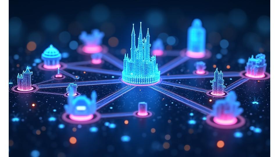 Abstract network diagram demonstrating seamless asset flow between various stylized game icons, connected by glowing lines representing blockchain pathways. Emphasizes shared asset libraries and cross-platform compatibility.