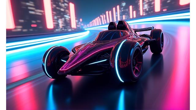 Action shot from a futuristic racing game featuring highly customizable NFT vehicles on a neon-lit track.