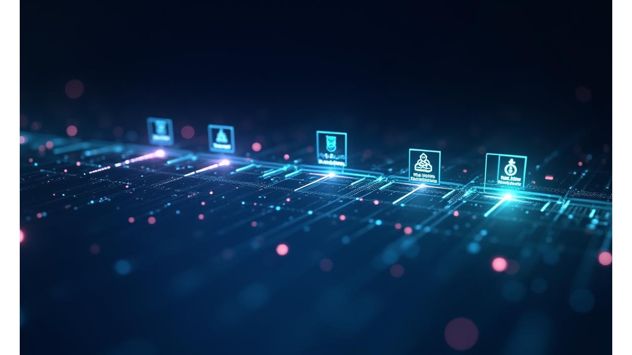 A sleek, futuristic timeline infographic with distinct phases: Discovery, MVP Development, Security Review, Deployment, Optimization, and Maintenance, connected by glowing lines and nodes.