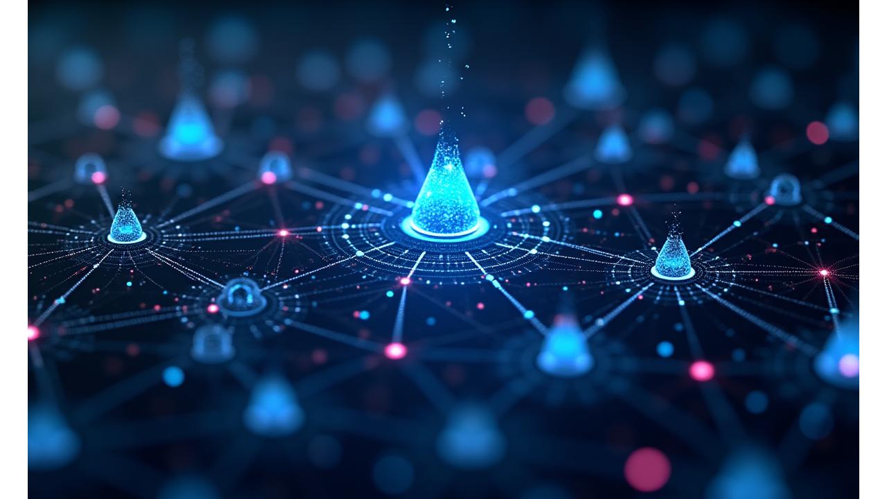 An intricate network diagram illustrating various blockchains (Ethereum, Polygon, Arbitrum) interconnected by bridges, with data packets flowing rapidly between them, symbolizing secure and fast multi-chain transactions.