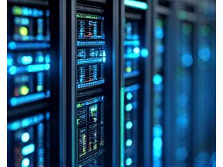 Server racks bathed in neon light, with abstract data streams flowing, representing robust blockchain infrastructure.