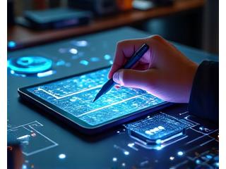 Designer working at a desk surrounded by abstract UI elements, showing a focus on user experience and interface design.