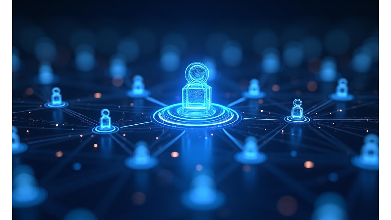 Abstract representation of secure decentralized identity and digital rights management, showing interconnected nodes and a user icon with a verified checkmark.