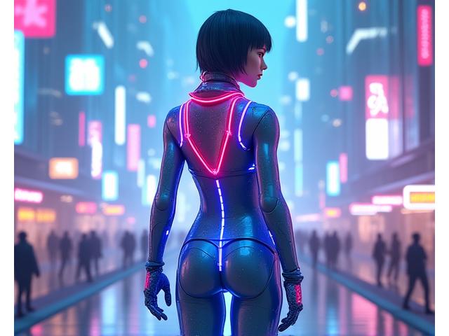 Digital avatar wearing futuristic fashion in a vibrant metaverse environment.