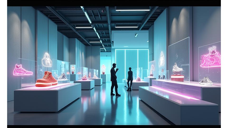 Futuristic virtual showroom displaying digital products as interactive holograms