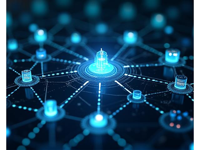 Abstract 3D rendering of interconnected glowing nodes, representing various brands and businesses, seamlessly exchanging data and value streams within a secure blockchain network. The nodes are linked by pulsing lines of light, with a central hub emanating the brand's primary blue and secondary green colors.