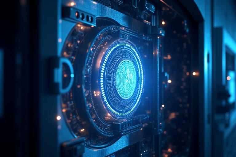 Stylized image of a digital vault being unlocked by a glowing digital key or token, revealing exclusive, luxury products like high-end sneakers, limited edition collectibles, and designer apparel within a secure, neon-lit digital space.“ class=