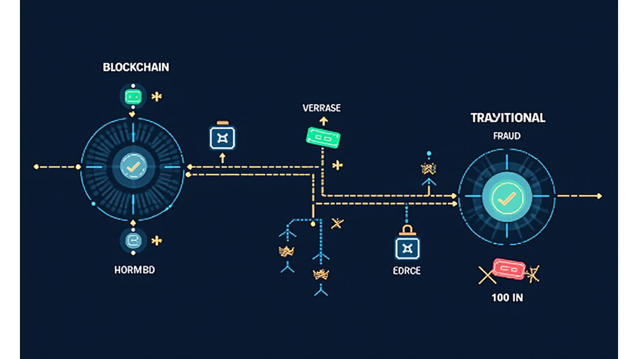 Clear, concise infographic demonstrating blockchain's role in fraud prevention: immutable ledgers, unique token IDs, and real-time verification process illustrated with green shields and red crossed-out fake tickets.