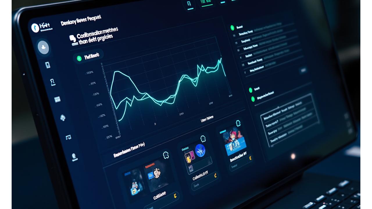 Vibrant digital dashboard displaying fan loyalty program metrics, user profiles, collectible NFTs, and community moderation tools, with a glowing web3 interface aesthetic.