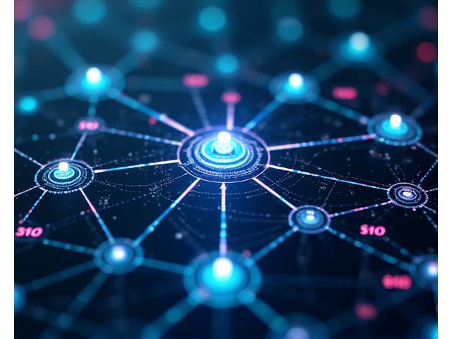 Blockchain network grid with arrows indicating flow of royalties from a secondary ticket sale, symbolizing fair distribution to event organizers.